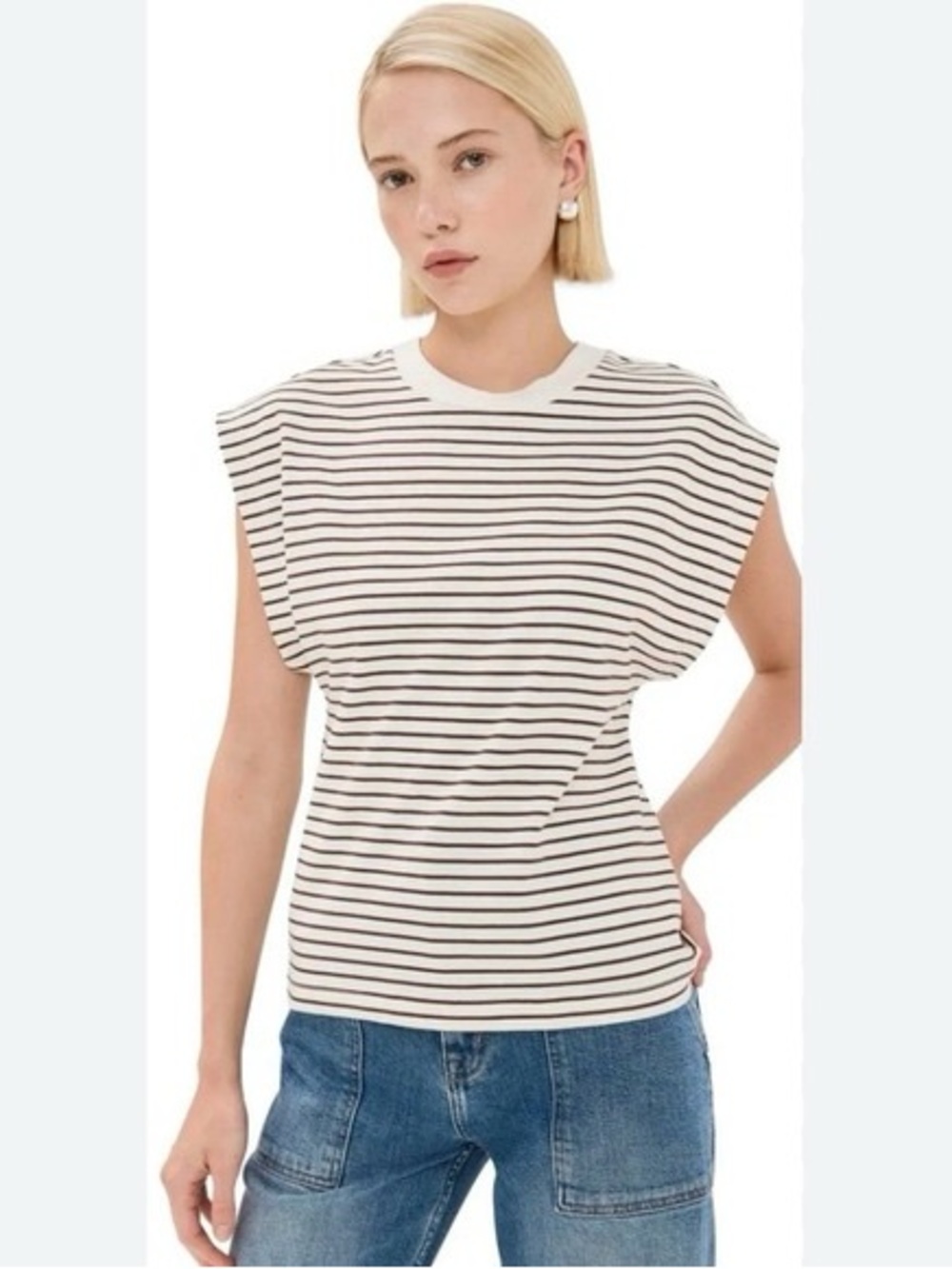 Pistola Marina Stripe T-Shirt Cream/Chestnut Women’s S Cap Sleeve Boxy Fit EUC